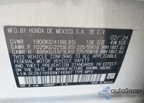 2024 Honda Hr-V 2Wd Sport/2Wd Sport W/O Bsi z USA, uszkodzony, nr VIN 3CZRZ1H50RM746987